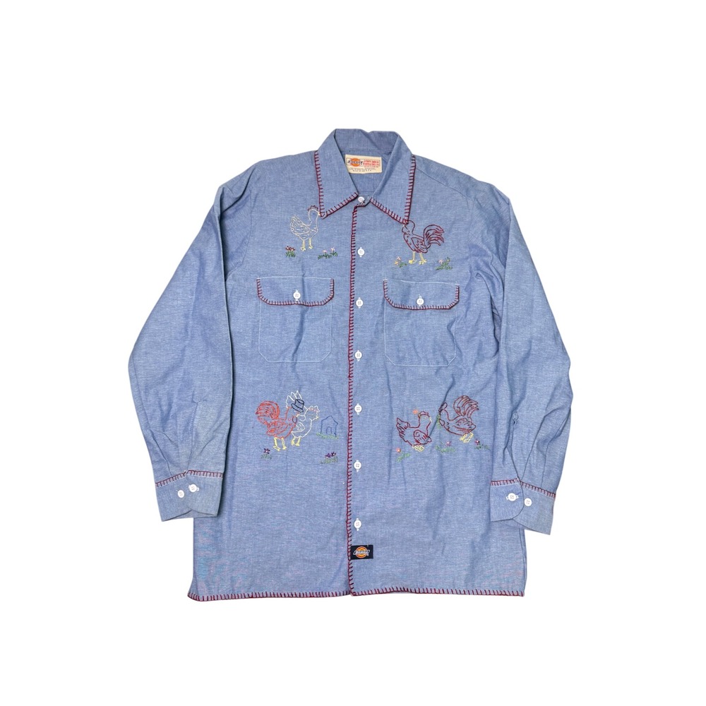 Vintage Dickies Chambray Embroidered Button Down Top Chickens Blue Grannycore
